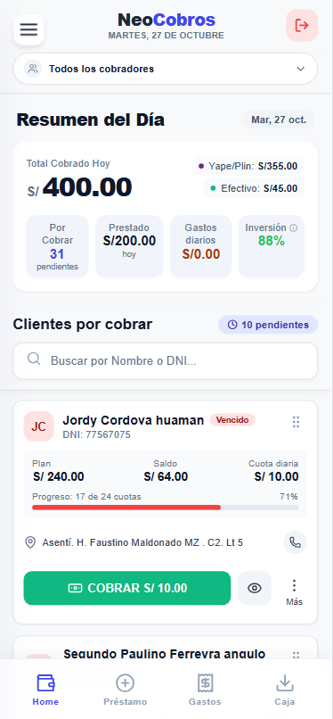 NeoCobros Dashboard principal en tiempo real