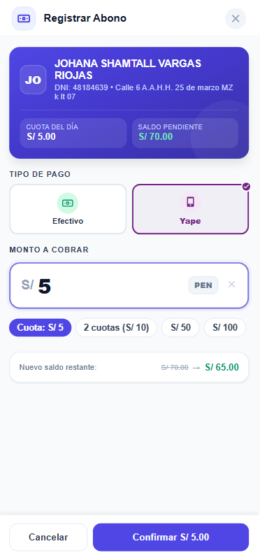 Formulario para abono de cuota